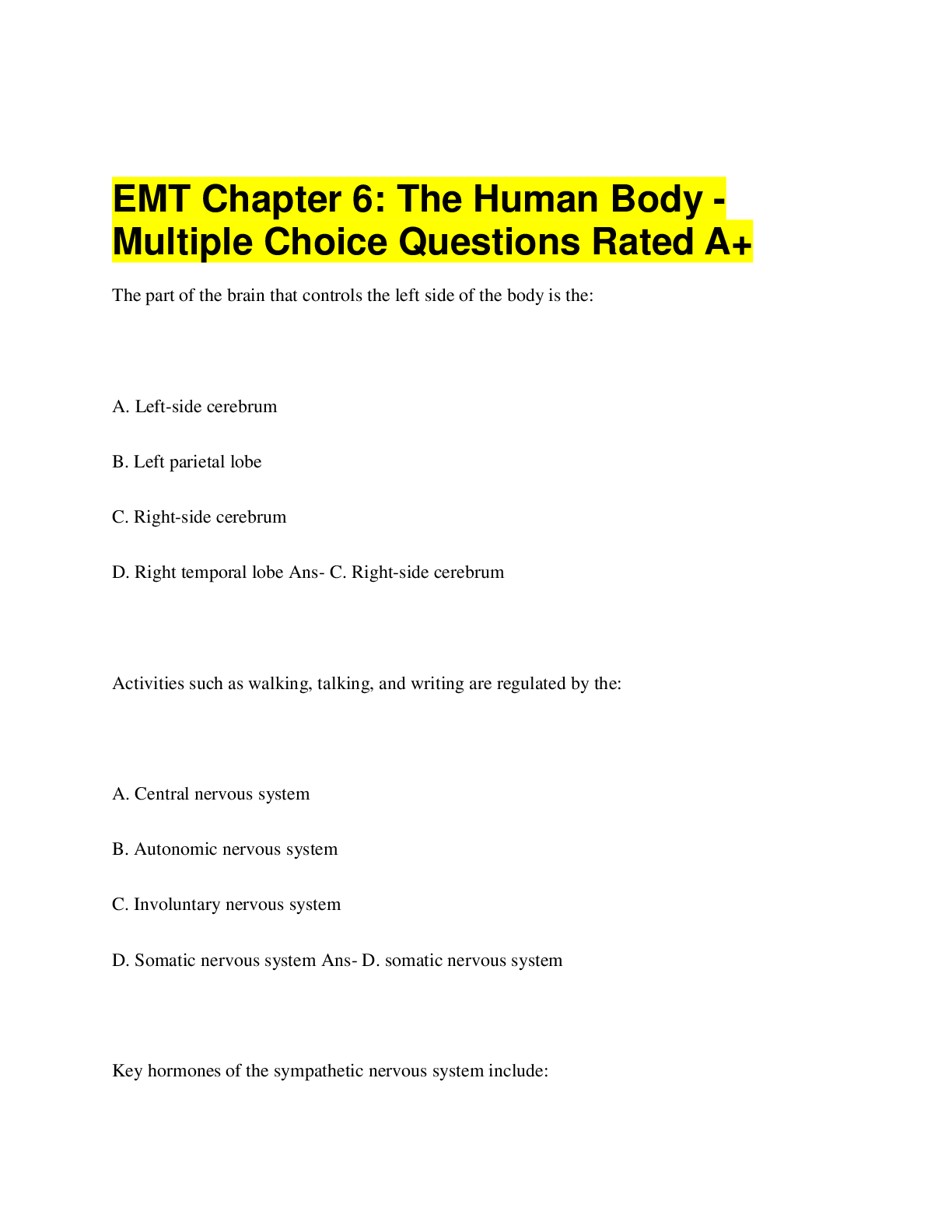 Preview image for EMT Chapter 6: The Human Body - Multiple Choice Questions Rated A+